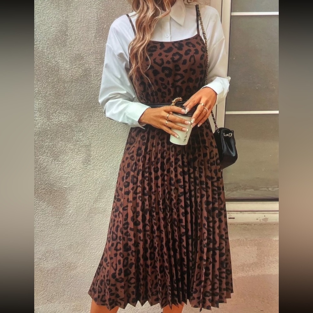 SHEIN Leopard Print Long Sleeve Dress - Brown